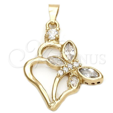 Oro Laminado Fancy Pendant, Gold Filled Style Heart and Butterfly Design, with White Cubic Zirconia, Polished, Golden Finish, 5.181.025