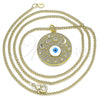 Oro Laminado Pendant Necklace, Gold Filled Style Evil Eye and Sun Design, with White Cubic Zirconia, White Enamel Finish, Golden Finish, 04.362.0023.20