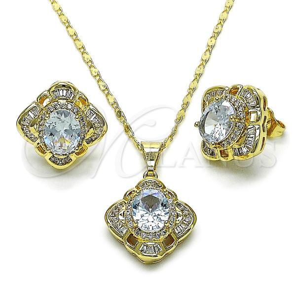 Oro Laminado Earring and Pendant Adult Set, Gold Filled Style Baguette and Cluster Design, with White Cubic Zirconia and White Micro Pave, Polished, Golden Finish, 10.284.0045