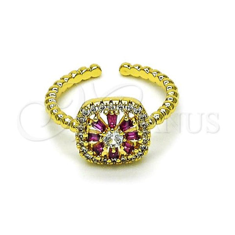 Oro Laminado Multi Stone Ring, Gold Filled Style Flower and Baguette Design, with White Micro Pave and Ruby Cubic Zirconia, Polished, Golden Finish, 01.196.0020.1