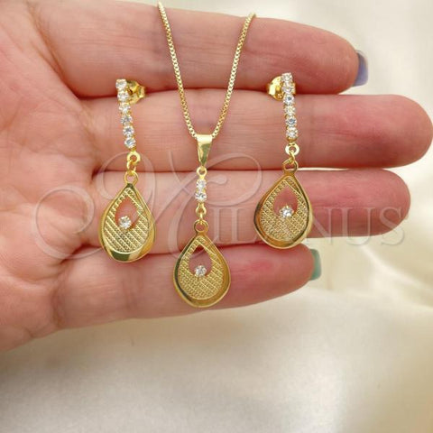 Oro Laminado Earring and Pendant Adult Set, Gold Filled Style Box Design, with White Cubic Zirconia, Resin Finish, Golden Finish, 10.58.0009