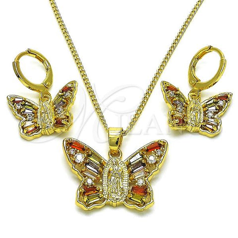 Oro Laminado Earring and Pendant Adult Set, Gold Filled Style Butterfly and Guadalupe Design, with Multicolor Cubic Zirconia, Polished, Golden Finish, 10.316.0074.3