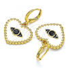 Oro Laminado Dangle Earring, Gold Filled Style Heart and Evil Eye Design, with Black Cubic Zirconia, White Enamel Finish, Golden Finish, 02.377.0029