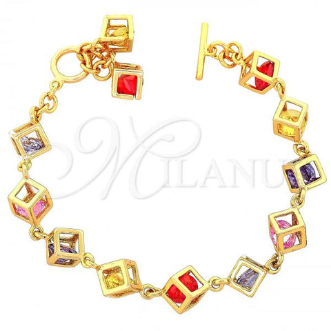 Oro Laminado Fancy Bracelet, Gold Filled Style with Multicolor Cubic Zirconia, Polished, Golden Finish, 03.60.0054.07