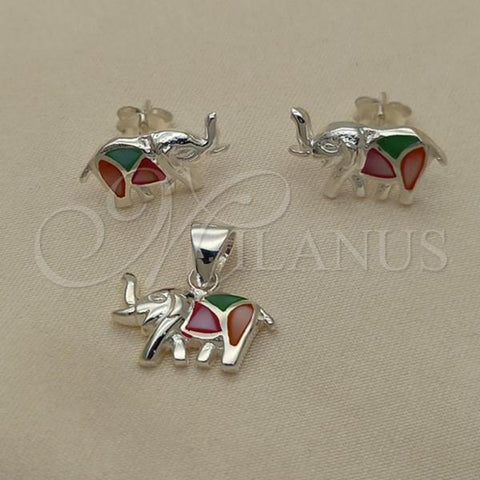 Sterling Silver Earring and Pendant Adult Set, Elephant Design, with Multicolor Mother of Pearl, Polished, Silver Finish, 10.399.0013
