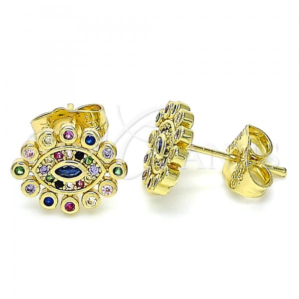 Oro Laminado Stud Earring, Gold Filled Style Evil Eye Design, with Multicolor Micro Pave, Polished, Golden Finish, 02.156.0553.1