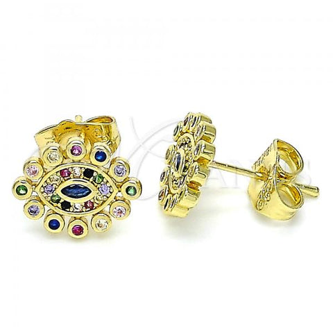 Oro Laminado Stud Earring, Gold Filled Style Evil Eye Design, with Multicolor Micro Pave, Polished, Golden Finish, 02.156.0553.1