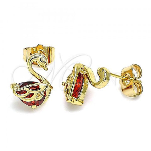Oro Laminado Stud Earring, Gold Filled Style Swan Design, with Garnet Cubic Zirconia, Polished, Golden Finish, 02.387.0002.3