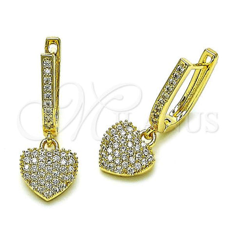 Oro Laminado Dangle Earring, Gold Filled Style Heart Design, with White Micro Pave, Polished, Golden Finish, 02.283.0086