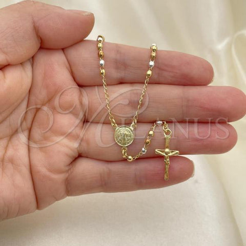 Oro Laminado Thin Rosary, Gold Filled Style Cross and San Benito Design, Polished, Tricolor, 09.02.0055.18