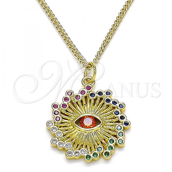 Oro Laminado Pendant Necklace, Gold Filled Style Evil Eye Design, with Multicolor Micro Pave and Garnet Cubic Zirconia, Polished, Golden Finish, 04.313.0049.20