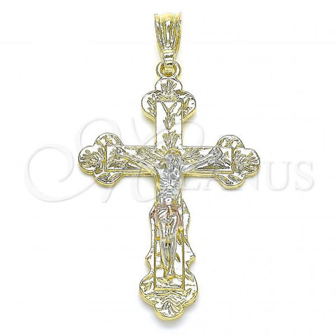 Oro Laminado Religious Pendant, Gold Filled Style Crucifix Design, Polished, Tricolor, 05.351.0183.1