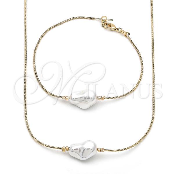 Oro Laminado Necklace and Bracelet, Gold Filled Style Rat Tail Design, with Ivory Pearl, Polished, Golden Finish, 06.63.0288