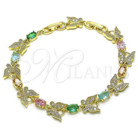 Oro Laminado Fancy Bracelet, Gold Filled Style Butterfly Design, with Multicolor Cubic Zirconia and White Micro Pave, Polished, Golden Finish, 03.196.0015.1.07