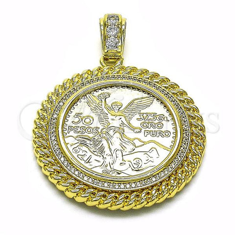 Oro Laminado Religious Pendant, Gold Filled Style Centenario Coin and Miami Cuban Design, with White Cubic Zirconia and White Micro Pave, Polished, Golden Finish, 05.213.0138