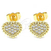 Oro Laminado Stud Earring, Gold Filled Style Heart Design, with White Micro Pave, Polished, Golden Finish, 02.210.0429