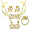 Oro Laminado Necklace, Bracelet, Earring and Ring, Gold Filled Style Flower Design, Polished, Tricolor, 06.361.0035