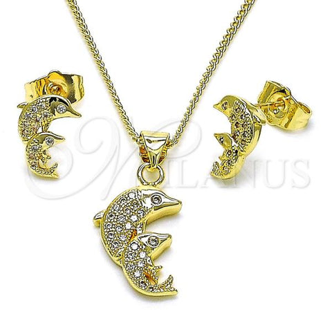 Oro Laminado Earring and Pendant Adult Set, Gold Filled Style Dolphin Design, with White Micro Pave, Polished, Golden Finish, 10.156.0484