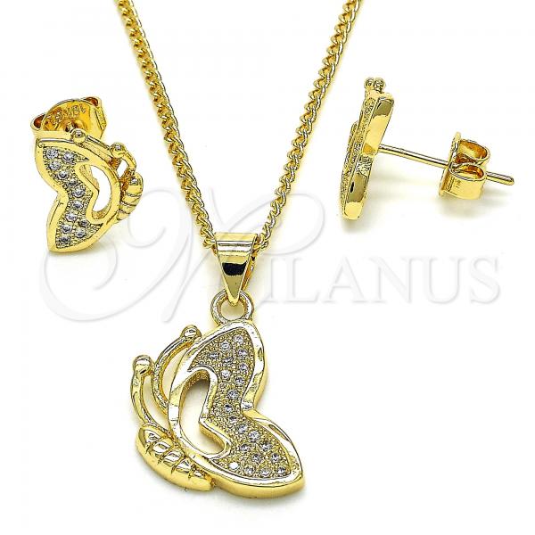 Oro Laminado Earring and Pendant Adult Set, Gold Filled Style Butterfly Design, with White Micro Pave, Polished, Golden Finish, 10.156.0220