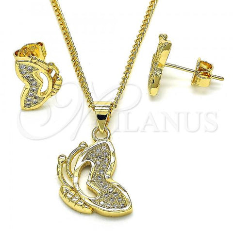 Oro Laminado Earring and Pendant Adult Set, Gold Filled Style Butterfly Design, with White Micro Pave, Polished, Golden Finish, 10.156.0220