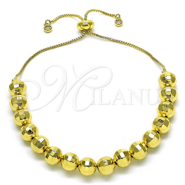 Oro Laminado Adjustable Bolo Bracelet, Gold Filled Style Ball and Disco Design, with White Cubic Zirconia, Diamond Cutting Finish, Golden Finish, 03.368.0095.11