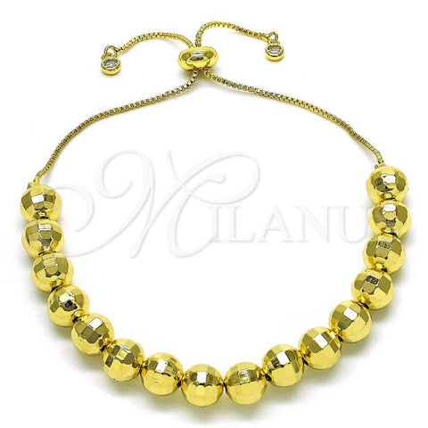Oro Laminado Adjustable Bolo Bracelet, Gold Filled Style Ball and Disco Design, with White Cubic Zirconia, Diamond Cutting Finish, Golden Finish, 03.368.0095.11