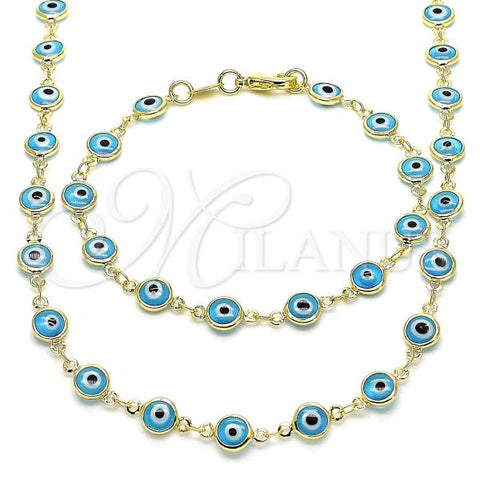 Oro Laminado Necklace and Bracelet, Gold Filled Style Evil Eye Design, Light Blue Resin Finish, Golden Finish, 06.63.0008