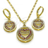 Oro Laminado Earring and Pendant Adult Set, Gold Filled Style Mom and Heart Design, with Garnet Cubic Zirconia, Polished, Golden Finish, 10.196.0065