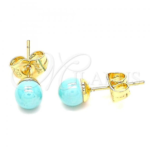 Oro Laminado Stud Earring, Gold Filled Style Ball Design, with Turquoise Pearl, Polished, Golden Finish, 02.63.2118.2