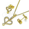 Oro Laminado Earring and Pendant Adult Set, Gold Filled Style Heart Design, with White Micro Pave, Polished, Golden Finish, 10.156.0431