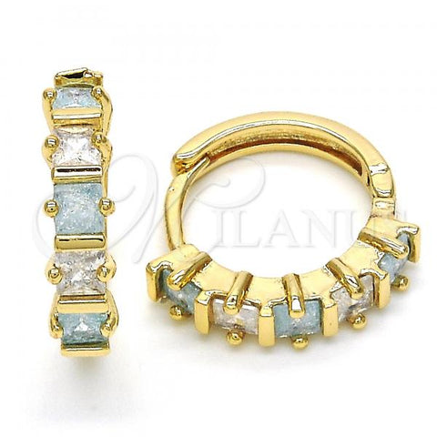 Oro Laminado Huggie Hoop, Gold Filled Style with Aqua Blue and White Cubic Zirconia, Polished, Golden Finish, 02.210.0073.1.15