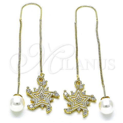 Oro Laminado Threader Earring, Gold Filled Style Star Design, with White Micro Pave, Polished, Golden Finish, 02.210.0808