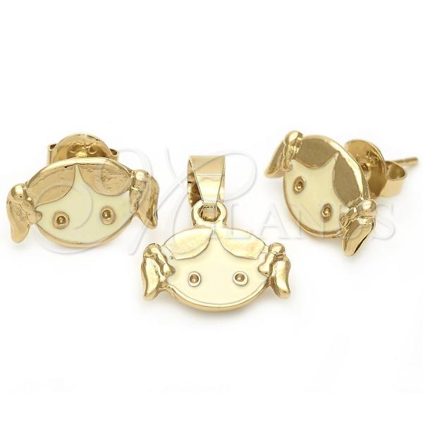 Oro Laminado Earring and Pendant Children Set, Gold Filled Style Little Girl Design, White Enamel Finish, Golden Finish, 10.64.0005