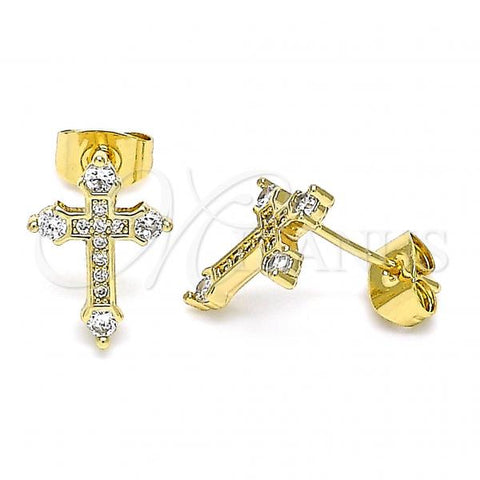 Oro Laminado Stud Earring, Gold Filled Style Cross Design, with White Micro Pave, Polished, Golden Finish, 02.344.0109