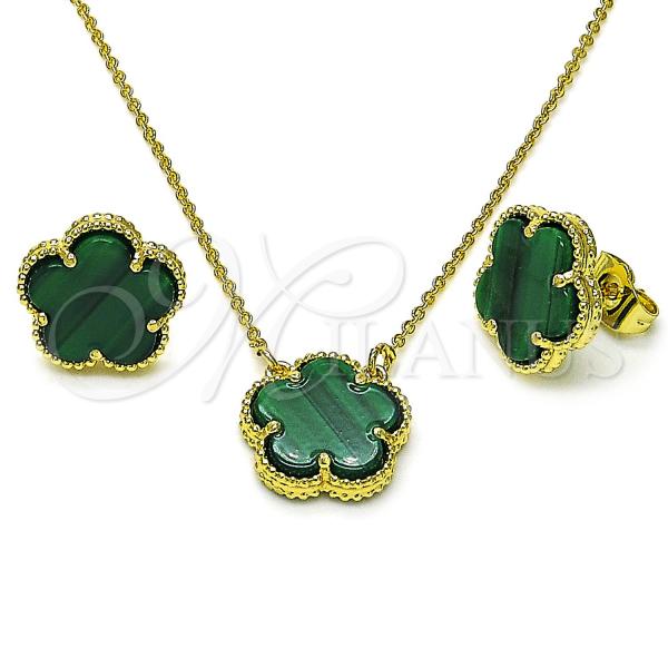 Oro Laminado Earring and Pendant Adult Set, Gold Filled Style Flower and Rolo Design, with Green Opal, Polished, Golden Finish, 10.313.0008.3