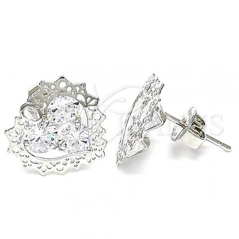 Rhodium Plated Stud Earring, Heart Design, with White Cubic Zirconia, Polished, Rhodium Finish, 02.106.0028.1