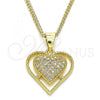 Oro Laminado Pendant Necklace, Gold Filled Style Heart Design, with White Micro Pave, Polished, Golden Finish, 04.156.0379.20