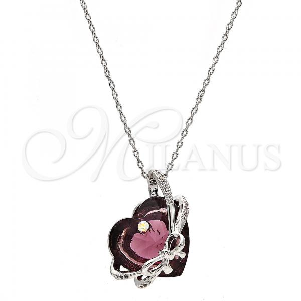Rhodium Plated Pendant Necklace, Heart Design, with Amethyst Swarovski Crystals and White Micro Pave, Polished, Rhodium Finish, 04.239.0001.1.16