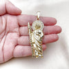 Oro Laminado Religious Pendant, Gold Filled Style San Judas Design, with White Crystal, Polished, Golden Finish, 05.411.0059