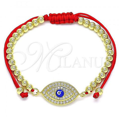 Oro Laminado Adjustable Bolo Bracelet, Gold Filled Style Evil Eye and Ball Design, with White Micro Pave, Blue Enamel Finish, Golden Finish, 03.341.0104.11