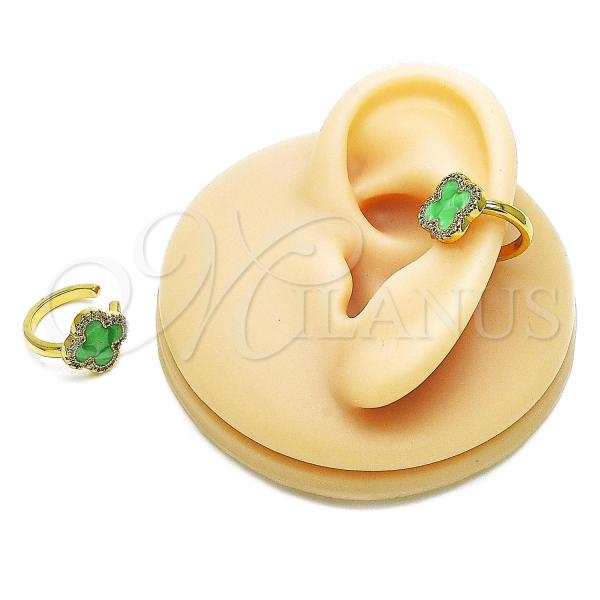 Oro Laminado Earcuff Earring, Gold Filled Style Four-leaf Clover Design, with White Micro Pave, Green Enamel Finish, Golden Finish, 02.341.0229.3.15