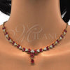 Oro Laminado Necklace and Earring, Gold Filled Style Teardrop and Leaf Design, with Ruby and White Cubic Zirconia, Polished, Golden Finish, 06.221.0004
