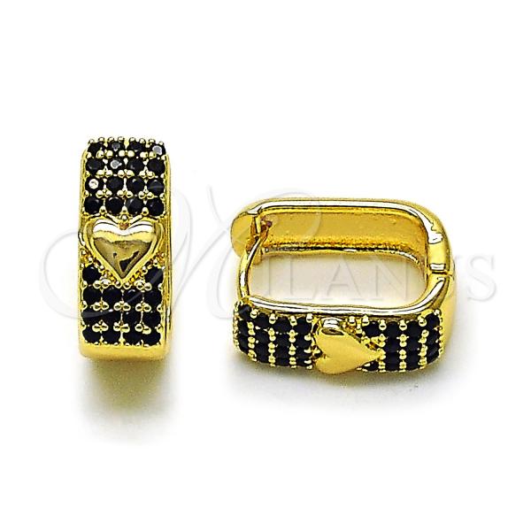 Oro Laminado Huggie Hoop, Gold Filled Style Heart Design, with Black Cubic Zirconia, Polished, Golden Finish, 02.210.0889.2.14