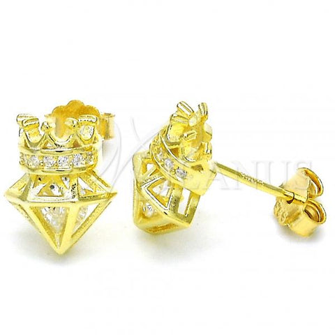 Sterling Silver Stud Earring, Crown Design, with White Cubic Zirconia, Polished, Golden Finish, 02.336.0117.2