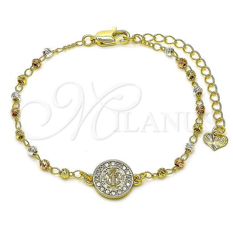 Oro Laminado Fancy Bracelet, Gold Filled Style San Benito and Ball Design, with White Cubic Zirconia, Diamond Cutting Finish, Tricolor, 03.253.0105.07