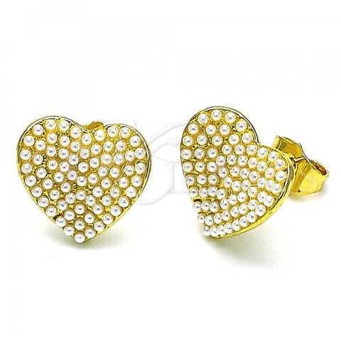 Oro Laminado Stud Earring, Gold Filled Style Heart Design, with Ivory Pearl, Polished, Golden Finish, 02.379.0021