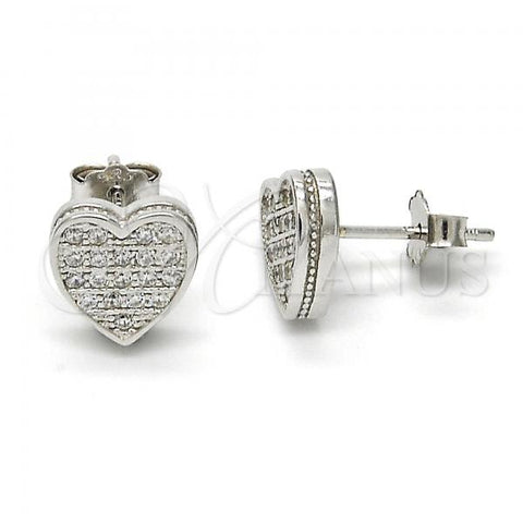 Sterling Silver Stud Earring, Heart Design, with White Micro Pave, Polished, Rhodium Finish, 02.175.0098