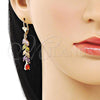 Oro Laminado Long Earring, Gold Filled Style Leaf and Teardrop Design, with Multicolor Cubic Zirconia, Polished, Golden Finish, 02.210.0835.2
