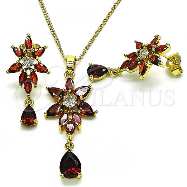 Oro Laminado Earring and Pendant Adult Set, Gold Filled Style Flower and Teardrop Design, with Garnet and White Cubic Zirconia, Polished, Golden Finish, 10.316.0066.1