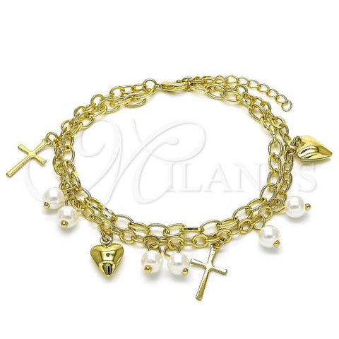 Oro Laminado Charm Bracelet, Gold Filled Style Rolo and Heart Design, with Ivory Pearl, Polished, Golden Finish, 03.213.0283.07